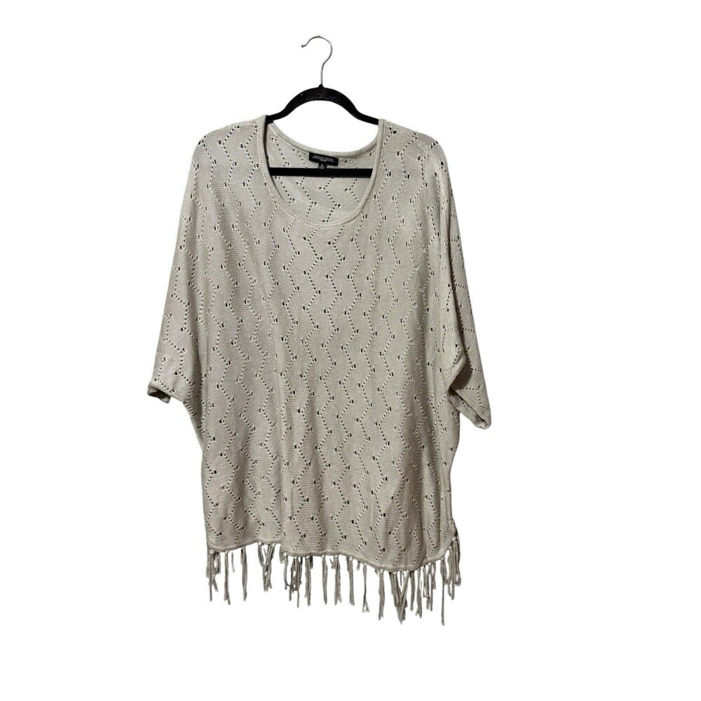 Notations Fringe Knit Poncho Sweater 1X Beige Open Knit Boho Oversized